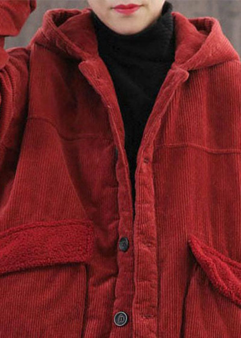 Veste Parka Rouge En Velours Côtelé Poches À Capuche Coton Fin Grande Taille Hiver - Doudounes femmes