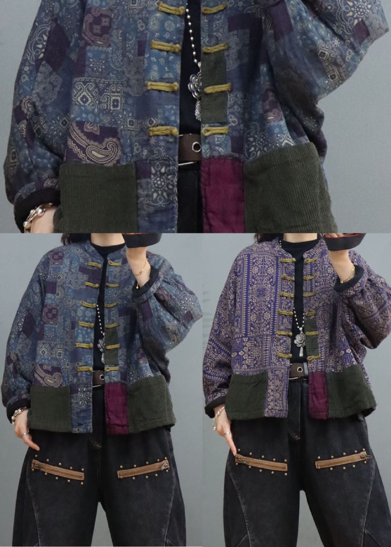 Vestes Bouffantes Remplies De Coton Fin Poches Violettes Et Bleues Patchwork Hiver - Violet