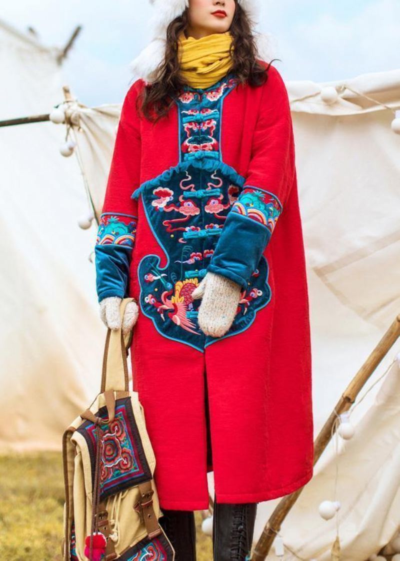 Vestes Épaisses De Grande Taille Manteaux Brodés Vêtements D'extérieur D'hiver Parkas À Boutons Chinois Rouges Pour Femmes