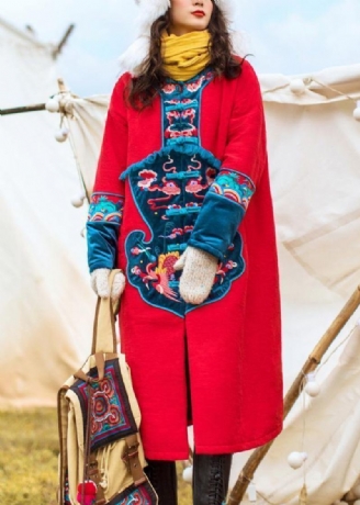 Vestes Épaisses De Grande Taille Manteaux Brodés Vêtements D'extérieur D'hiver Parkas À Boutons Chinois Rouges Pour Femmes