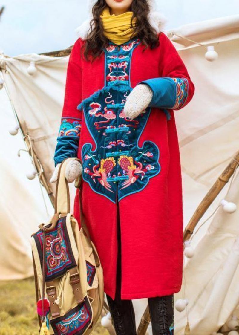 Vestes Épaisses De Grande Taille Manteaux Brodés Vêtements D'extérieur D'hiver Parkas À Boutons Chinois Rouges Pour Femmes - Doudounes femmes