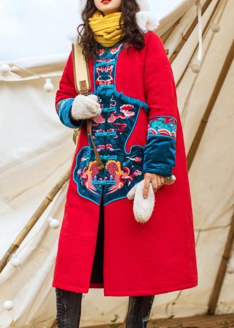 Vestes Épaisses De Grande Taille Manteaux Brodés Vêtements D'extérieur D'hiver Parkas À Boutons Chinois Rouges Pour Femmes - Doudounes femmes