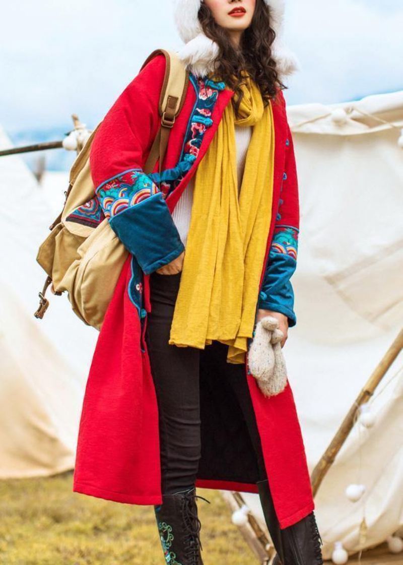 Vestes Épaisses De Grande Taille Manteaux Brodés Vêtements D'extérieur D'hiver Parkas À Boutons Chinois Rouges Pour Femmes - Doudounes femmes