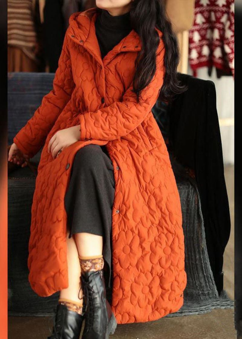 Vestes D'hiver À Capuche Orange Pour Femmes Couleur Unie En Coton Fin Rempli