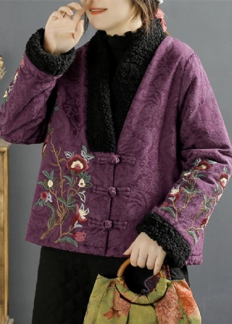 Vestes D'hiver En Fausse Fourrure Brodée Violet Rétro Patchwork De Coton Fin Rempli