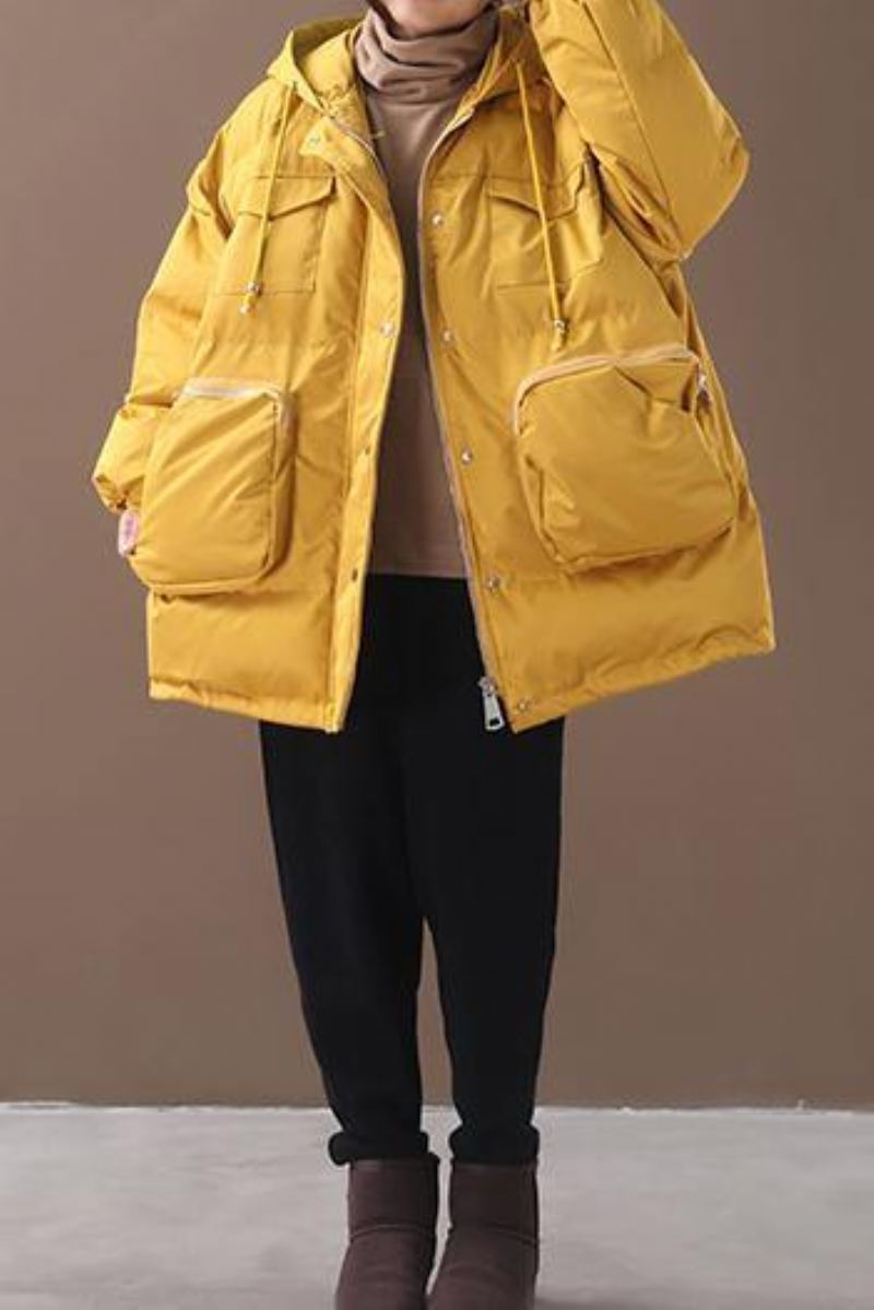 Vestes De Neige Chaudes Et Amples Avec Ourlet À Cordon De Serrage Vêtements D'extérieur À Capuche Jaune Pour Femmes Manteaux Courts - Jaune