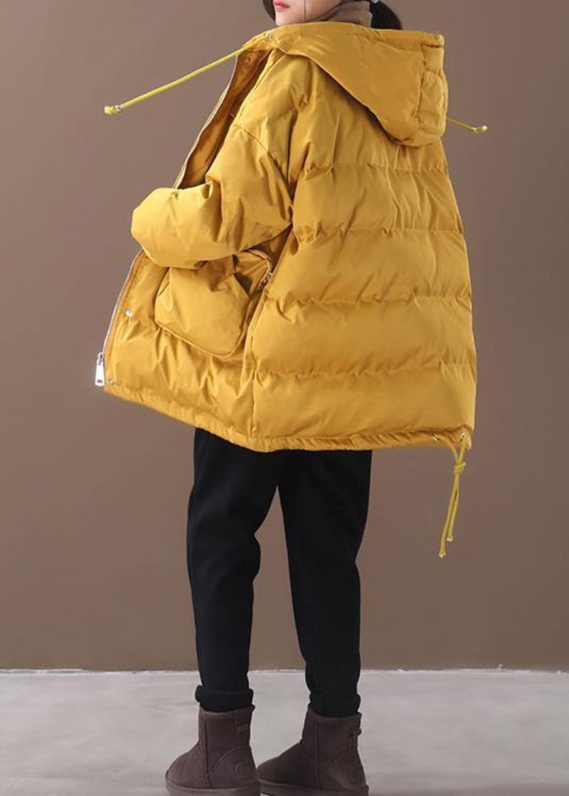 Vestes De Neige Chaudes Et Amples Avec Ourlet À Cordon De Serrage Vêtements D'extérieur À Capuche Jaune Pour Femmes Manteaux Courts - Jaune