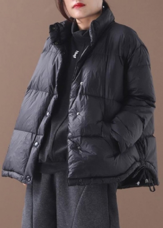 Vestes De Neige Chaudes Grande Taille Vêtements D'extérieur D'hiver Col Montant Noir Manteau En Duvet De Canard Avec Cordon De Serrage