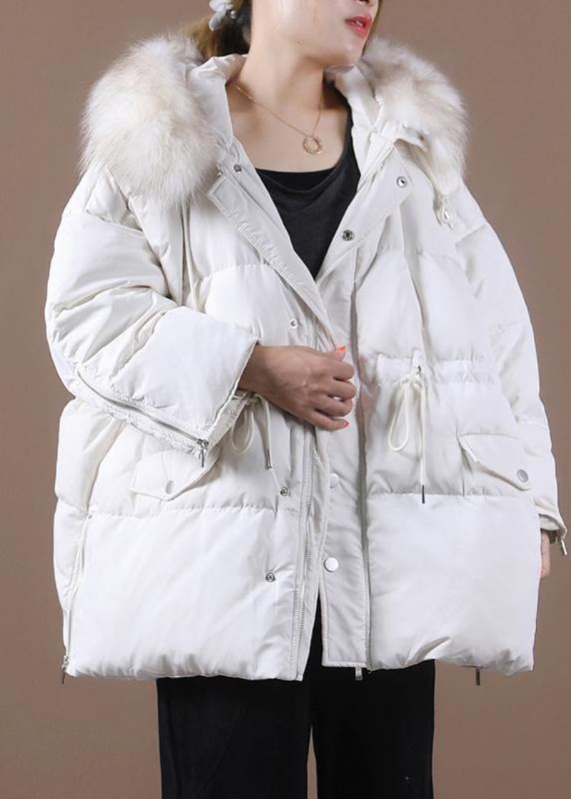 Vestes De Neige Décontractées Grande Taille Vêtements D'extérieur D'hiver Manteau En Duvet D'oie À Capuche Et Col En Fourrure Blanc - Noir