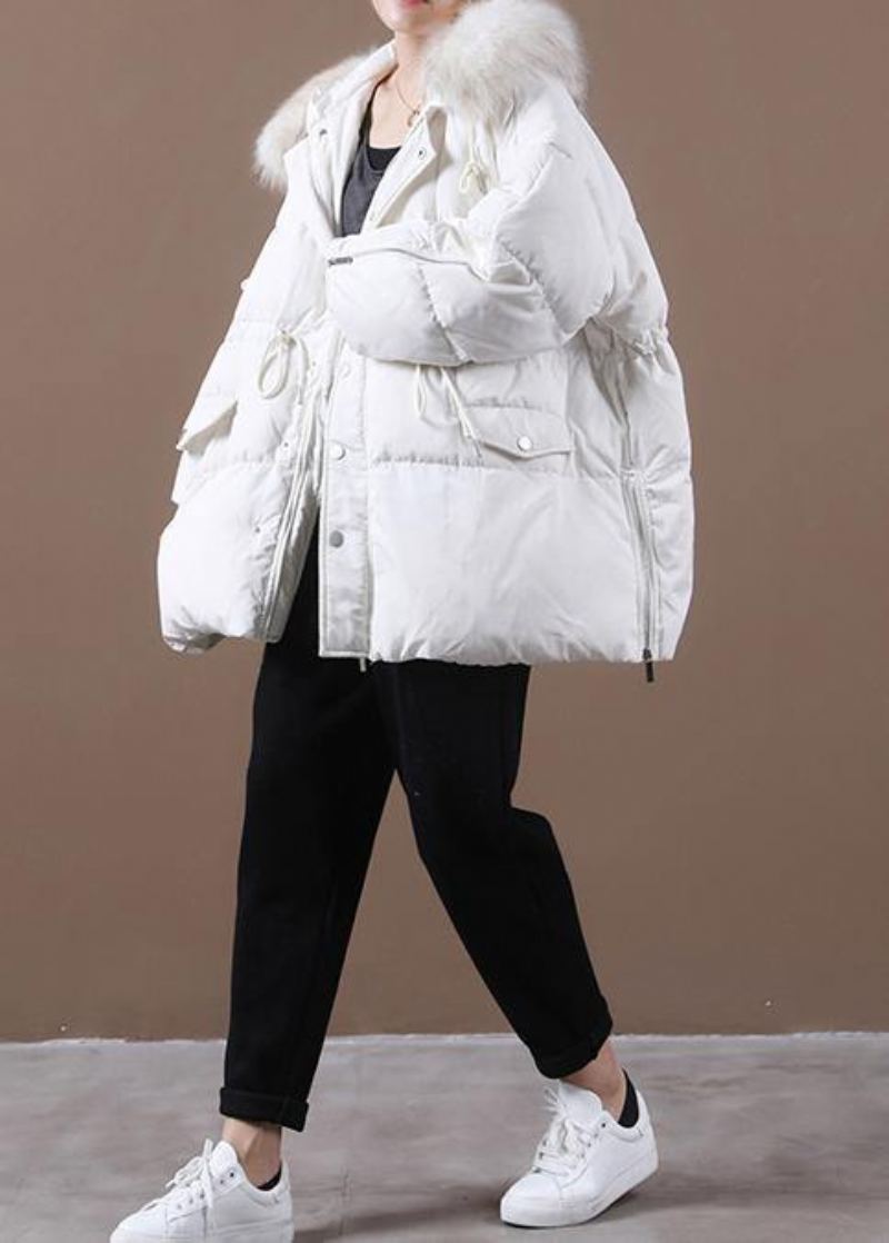 Vestes De Neige Décontractées Grande Taille Vêtements D'extérieur D'hiver Manteau En Duvet D'oie À Capuche Et Col En Fourrure Blanc - Noir