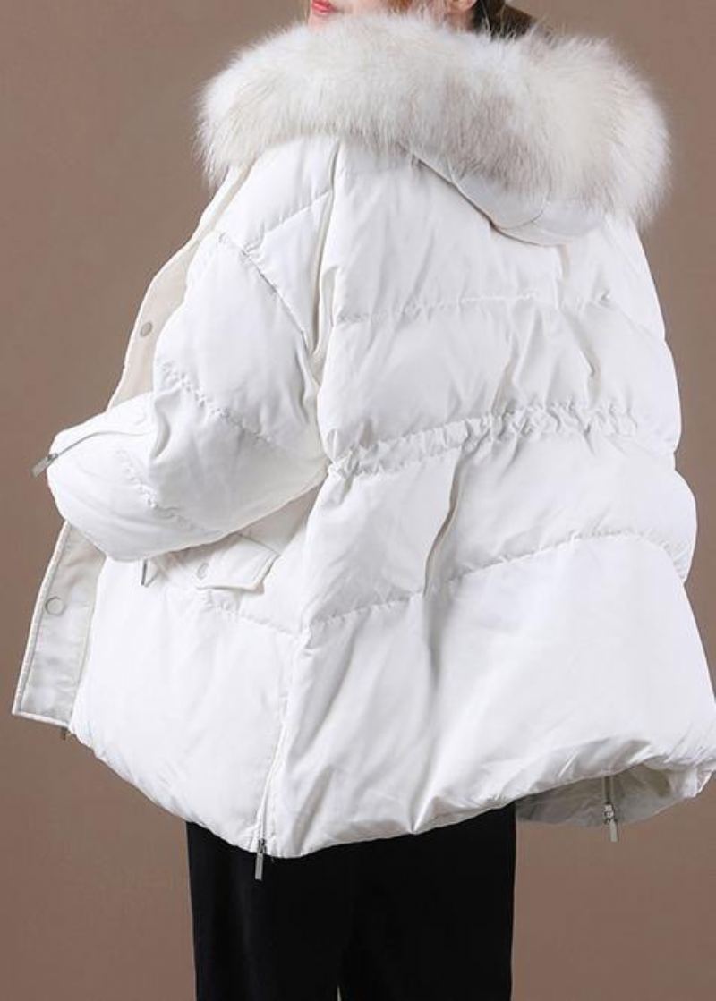 Vestes De Neige Décontractées Grande Taille Vêtements D'extérieur D'hiver Manteau En Duvet D'oie À Capuche Et Col En Fourrure Blanc - Noir