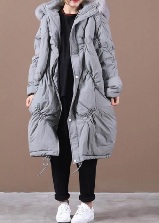 Vestes De Neige Élégantes Et Tendance Grande Taille Manteau D'hiver Gris À Capuche En Duvet D'oie Cintré