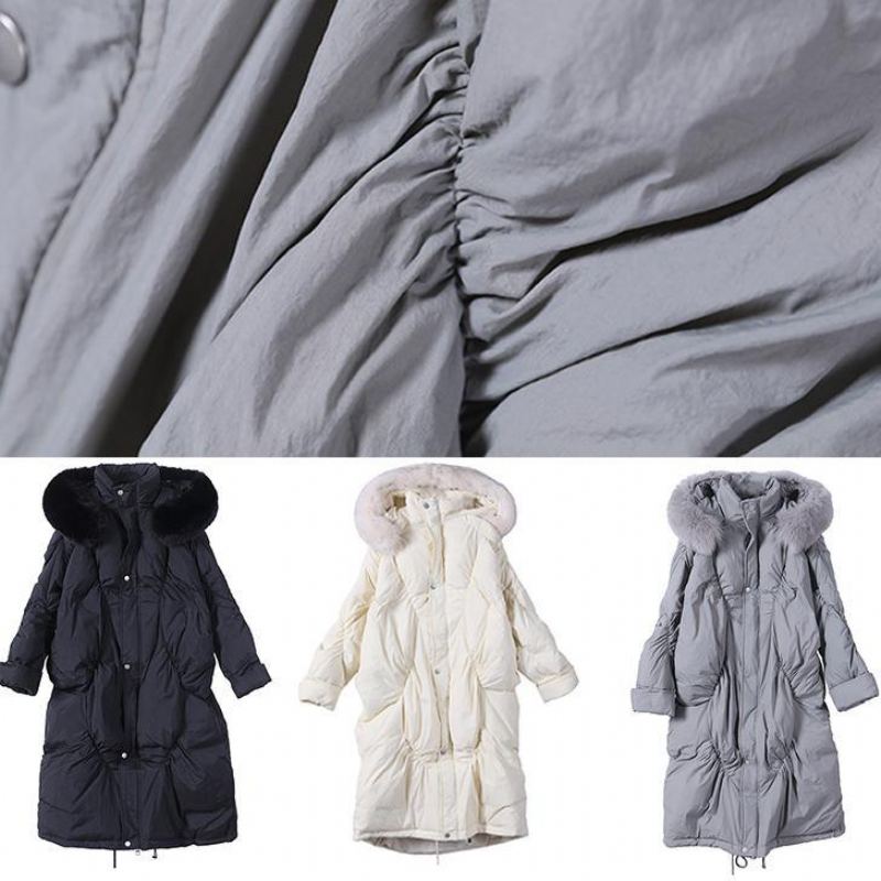 Vestes De Neige Élégantes Et Tendance Grande Taille Manteau D'hiver Gris À Capuche En Duvet D'oie Cintré - Doudounes femmes