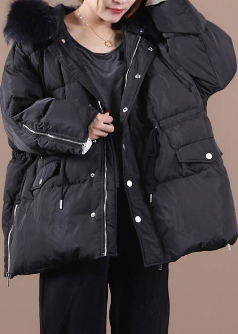 Vestes De Neige Élégantes Grande Taille Manteau D'hiver Chaud À Capuche Et Col En Fourrure Noir