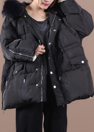 Vestes De Neige Élégantes Grande Taille Manteau D'hiver Chaud À Capuche Et Col En Fourrure Noir