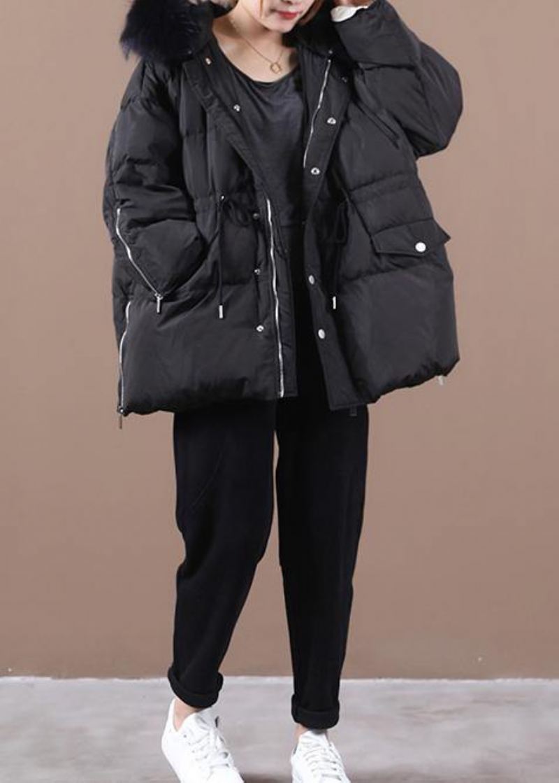 Vestes De Neige Élégantes Grande Taille Manteau D'hiver Chaud À Capuche Et Col En Fourrure Noir - Noir