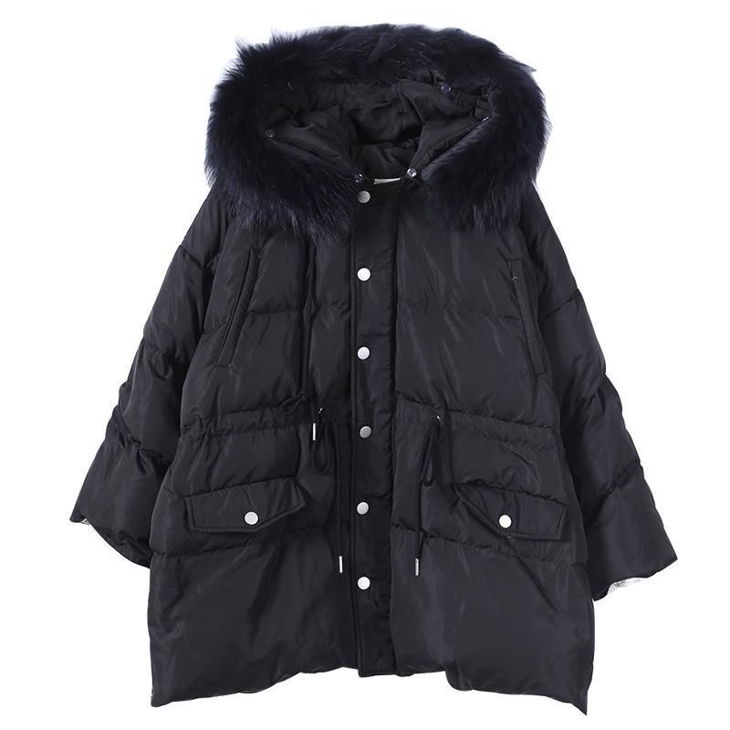 Vestes De Neige Élégantes Grande Taille Manteau D'hiver Chaud À Capuche Et Col En Fourrure Noir - Noir