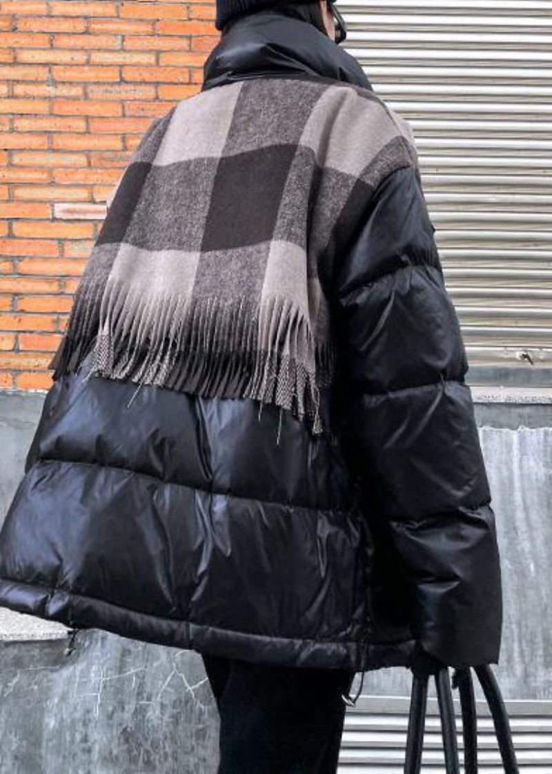 Vestes De Neige Élégantes Grande Taille Manteaux D'hiver Manteau À Revers À Carreaux En Patchwork Noir - Doudounes femmes