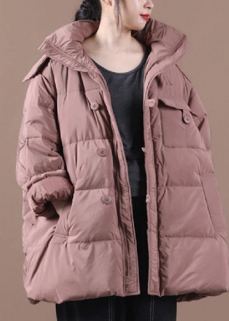 Vestes De Neige Fines Grande Taille Manteau En Duvet D'oie Rose À Capuche Et Fermeture Éclair