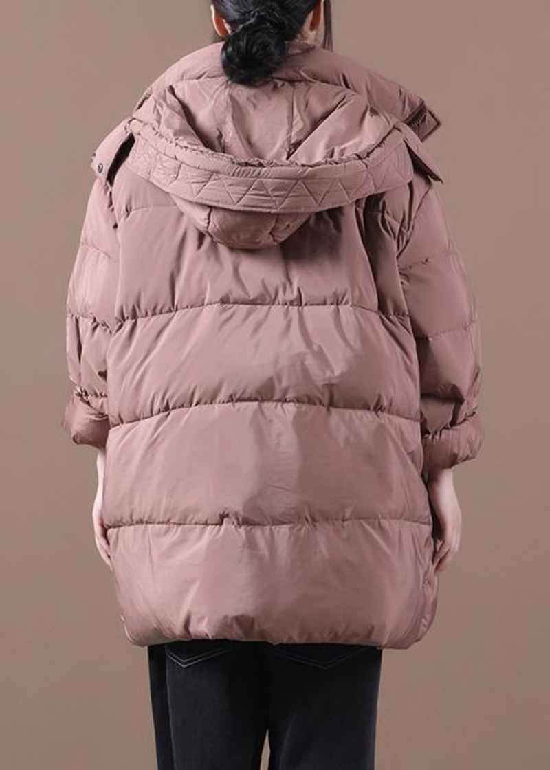 Vestes De Neige Fines Grande Taille Manteau En Duvet D'oie Rose À Capuche Et Fermeture Éclair - Noir