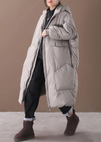 Vestes De Neige Grande Taille Manteau Gris À Capuche Et Poches En Duvet D'oie 2024