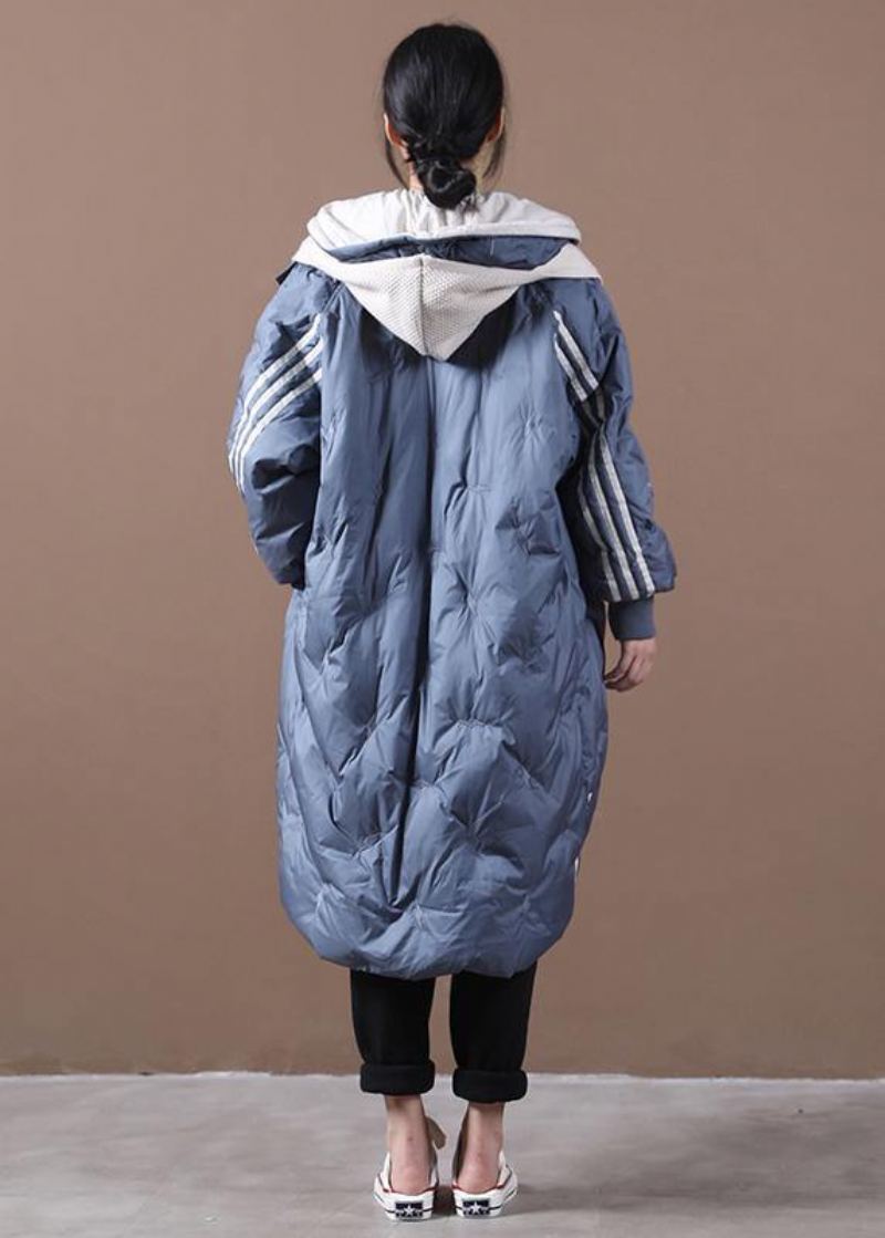 Vestes De Neige Grande Taille Manteaux Bleus À Rayures Capuche Et Fermeture Éclair Manteau En Duvet D'oie 2024 - Doudounes femmes