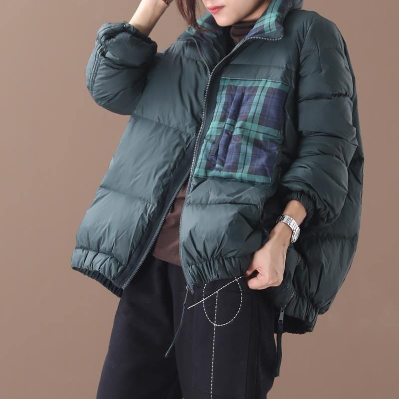 Vestes Parka Amples Pour Femmes Vert Noirâtre Col Montant Patchwork Manteau D'hiver Chaud