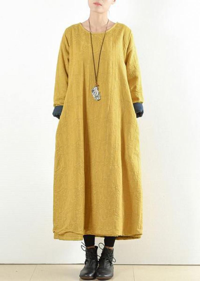 Vêtements En Coton Jaune Uniques Pour Femmes Robes Maxi Épaisses Et Chaudes À Col Rond