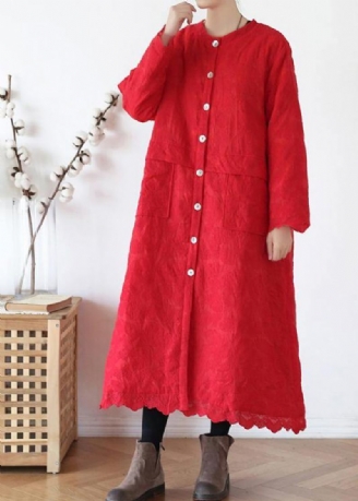 Vêtements D'extérieur Rouges Fins Grande Taille Manteau D'hiver Chaud Col Rond Jacquard