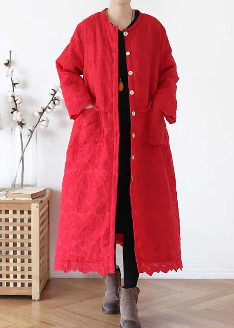 Vêtements D'extérieur Rouges Fins Grande Taille Manteau D'hiver Chaud Col Rond Jacquard - Rouge