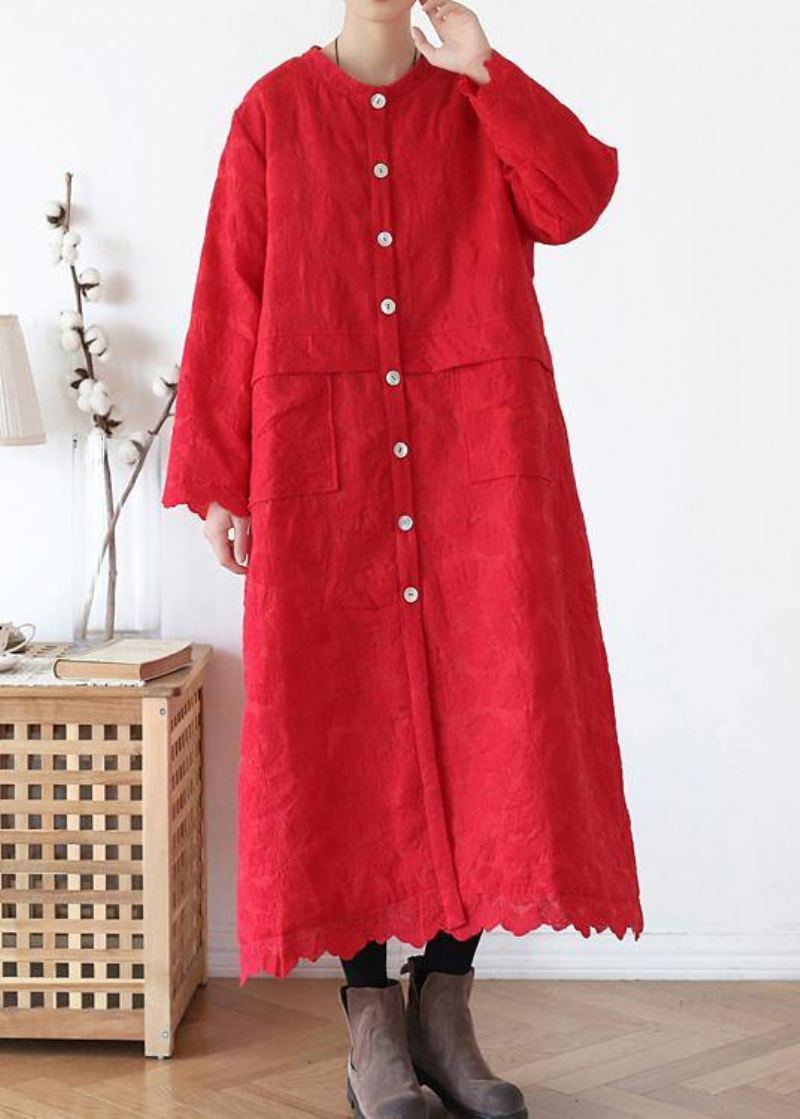 Vêtements D'extérieur Rouges Fins Grande Taille Manteau D'hiver Chaud Col Rond Jacquard - Rouge