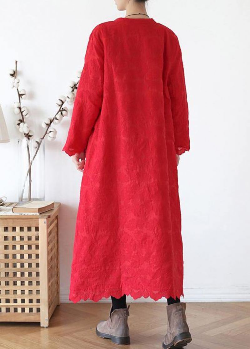 Vêtements D'extérieur Rouges Fins Grande Taille Manteau D'hiver Chaud Col Rond Jacquard - Rouge