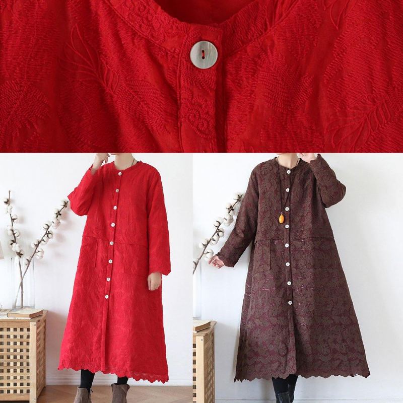 Vêtements D'extérieur Rouges Fins Grande Taille Manteau D'hiver Chaud Col Rond Jacquard - Rouge