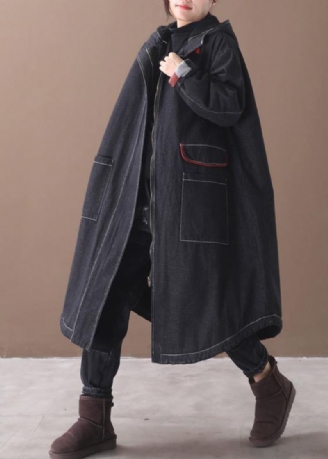 Vêtements Grande Taille Pour Femmes Vestes Manteaux Pardessus À Capuche Denim Noir Deux Poches Parkas