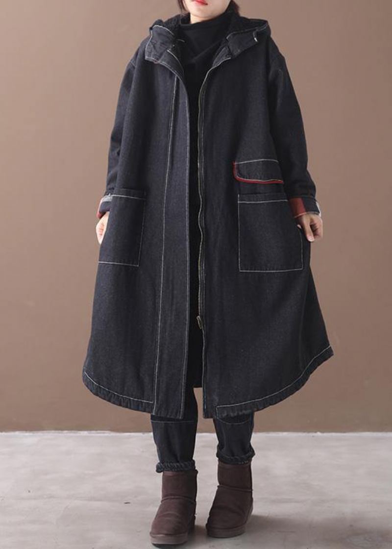 Vêtements Grande Taille Pour Femmes Vestes Manteaux Pardessus À Capuche Denim Noir Deux Poches Parkas - Doudounes femmes