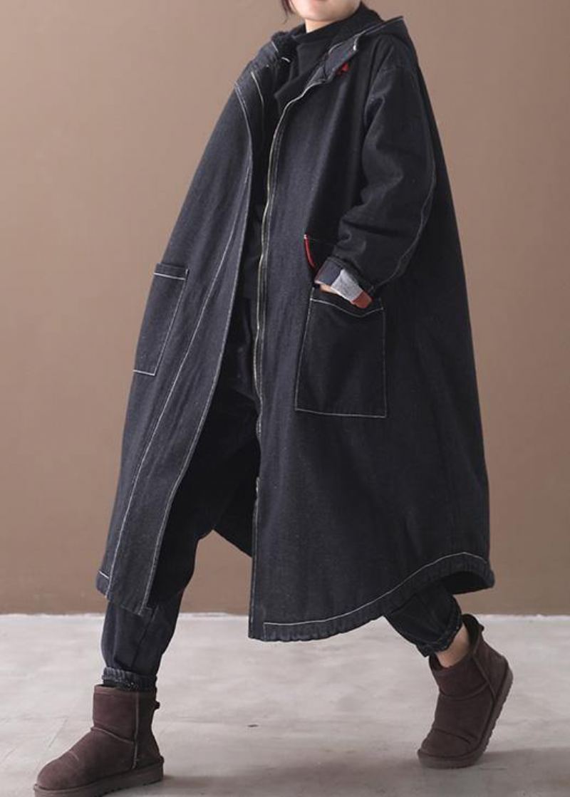 Vêtements Grande Taille Pour Femmes Vestes Manteaux Pardessus À Capuche Denim Noir Deux Poches Parkas - Doudounes femmes