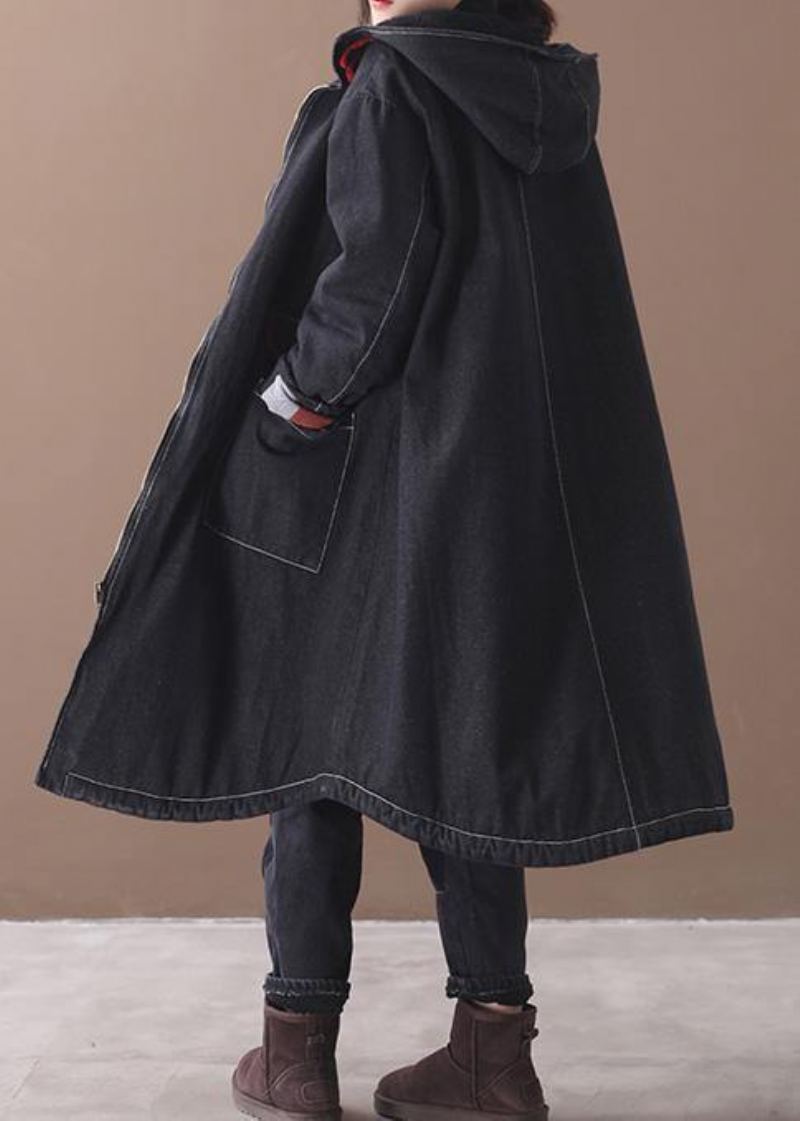 Vêtements Grande Taille Pour Femmes Vestes Manteaux Pardessus À Capuche Denim Noir Deux Poches Parkas - Doudounes femmes