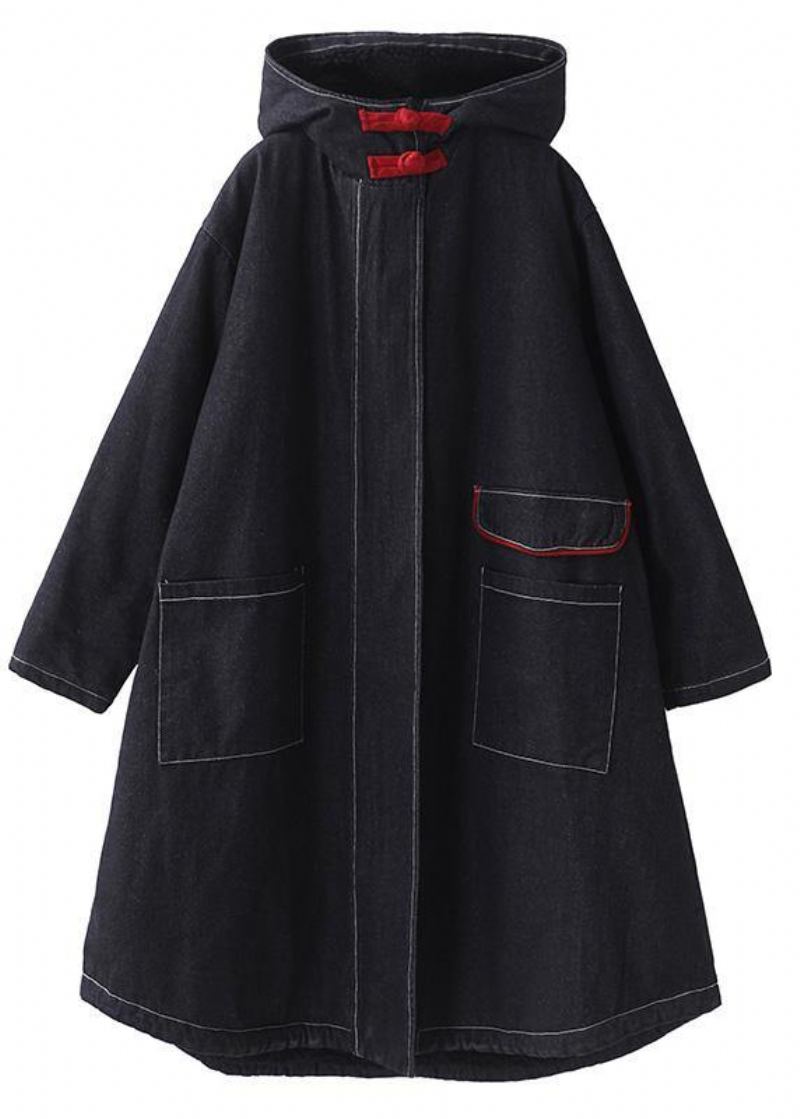 Vêtements Grande Taille Pour Femmes Vestes Manteaux Pardessus À Capuche Denim Noir Deux Poches Parkas - Doudounes femmes