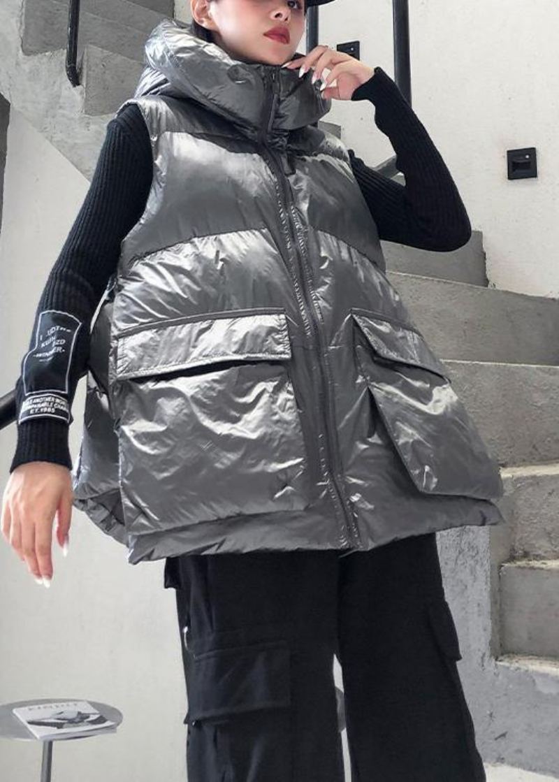 Vêtements D'hiver Gris Argenté Fin Grande Taille Neige Sans Manches Poches À Capuche D'extérieur