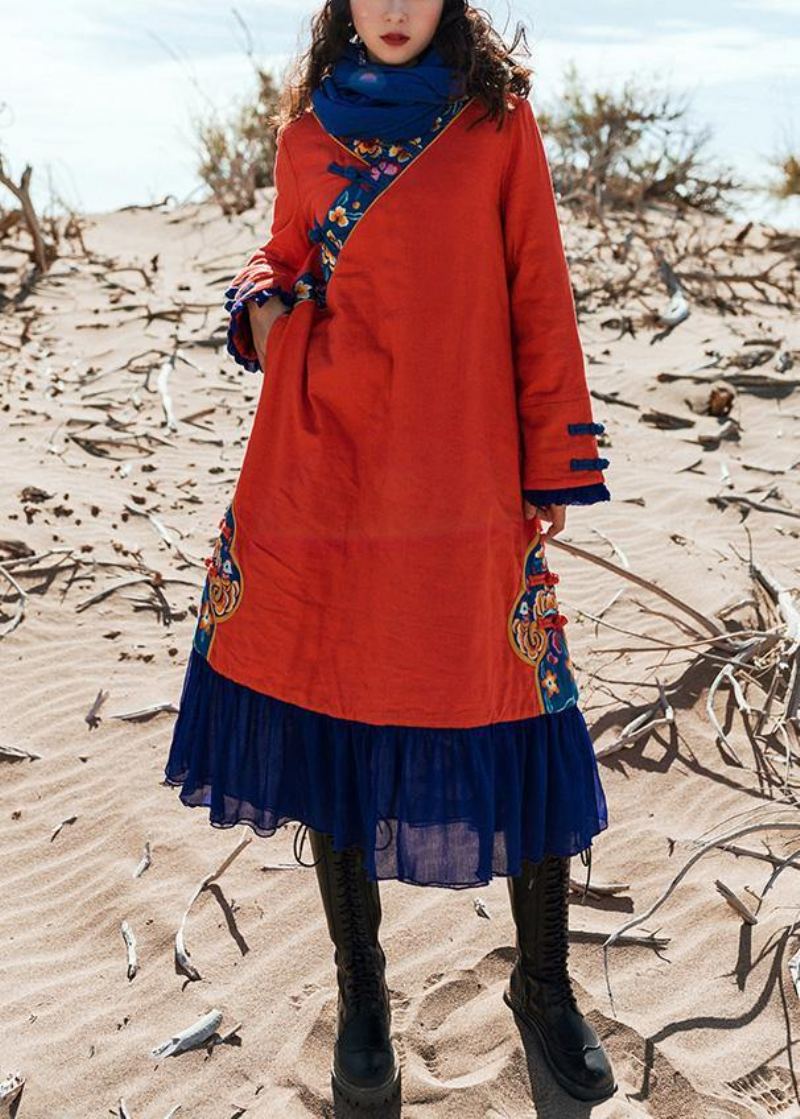 Vêtements Matelassés En Coton À Boutons Chinois Amples Rouges Patchwork Robes Brodées Aux Genoux - Doudounes femmes