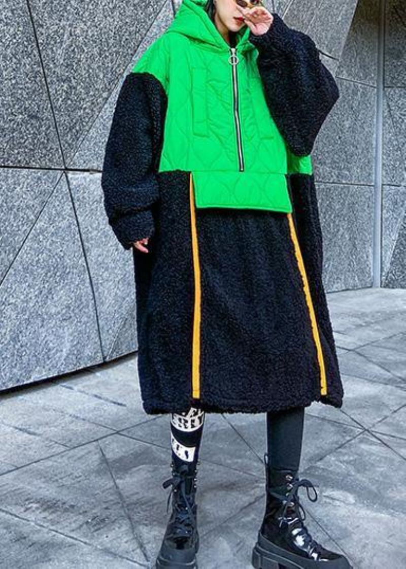 Vêtements Patchwork Vert Français Robe À Capuche Et Fermeture Éclair Robes D'automne - Doudounes femmes