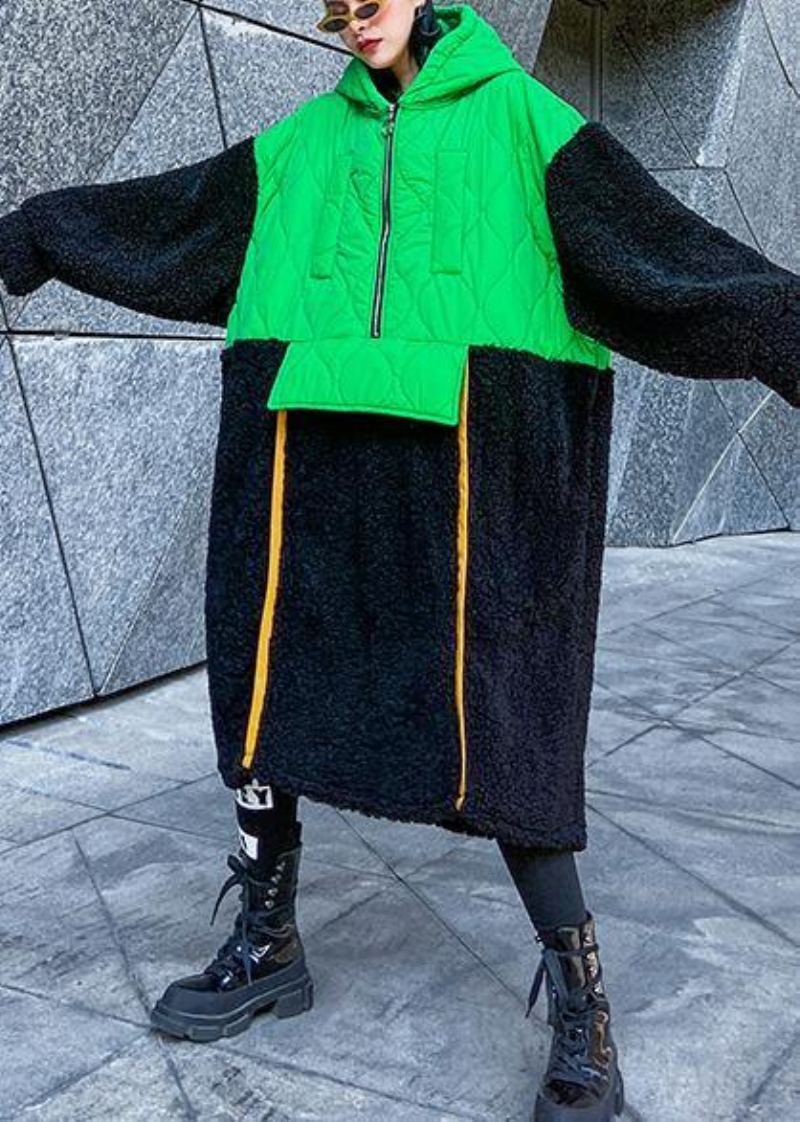 Vêtements Patchwork Vert Français Robe À Capuche Et Fermeture Éclair Robes D'automne - Doudounes femmes