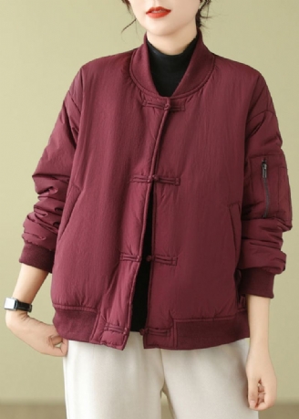 Vin Rouge Poches Patchwork Coton Rempli Parka Col Montant Hiver