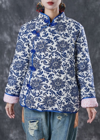 Vintage Bleu Imprimé Col Mandarin Veste Remplie De Coton Fin Hiver