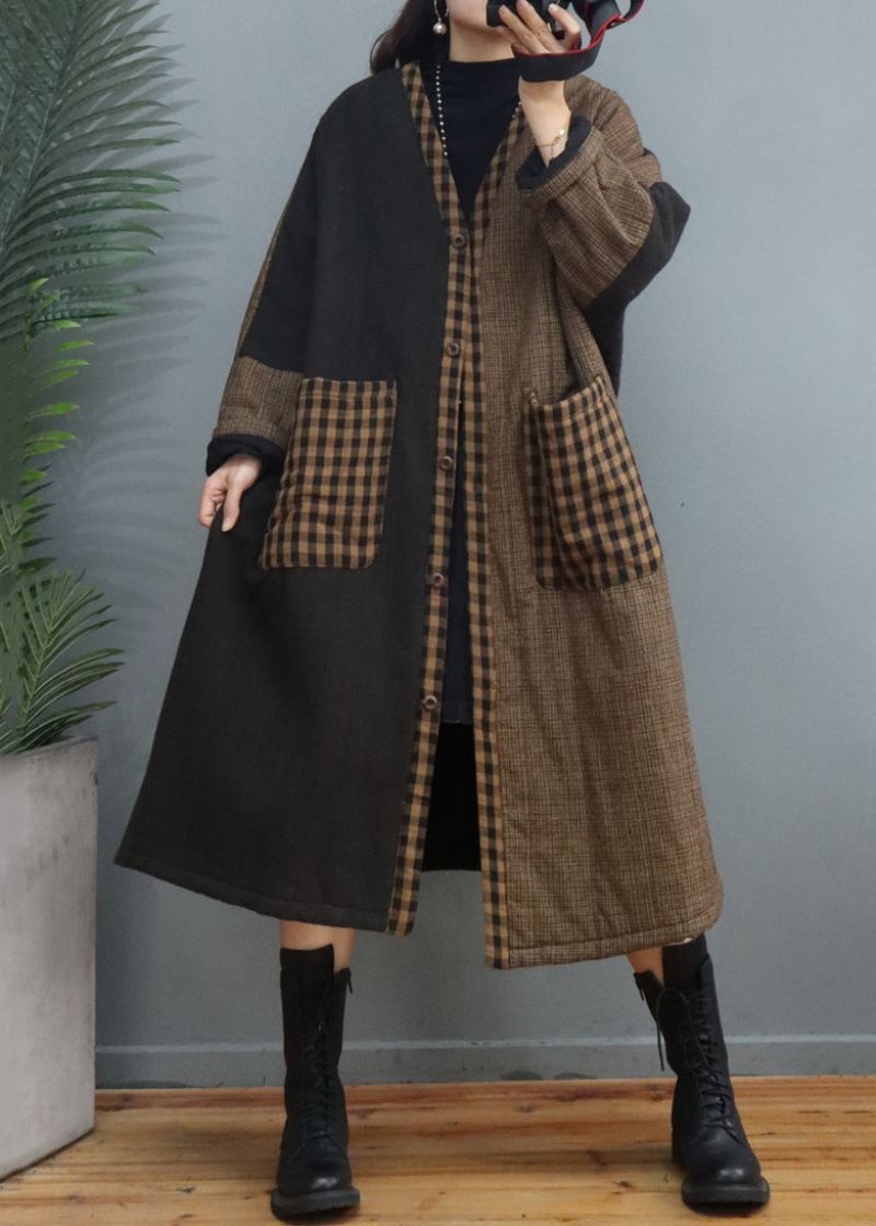 Vintage Café Plaid Poches Patchwork Épais Long Manteau Automne