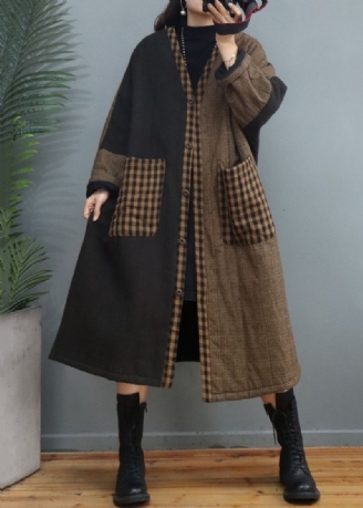 Vintage Café Plaid Poches Patchwork Épais Long Manteau Automne