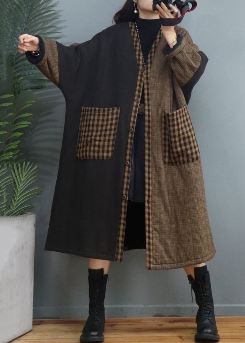 Vintage Café Plaid Poches Patchwork Épais Long Manteau Automne - Doudounes femmes