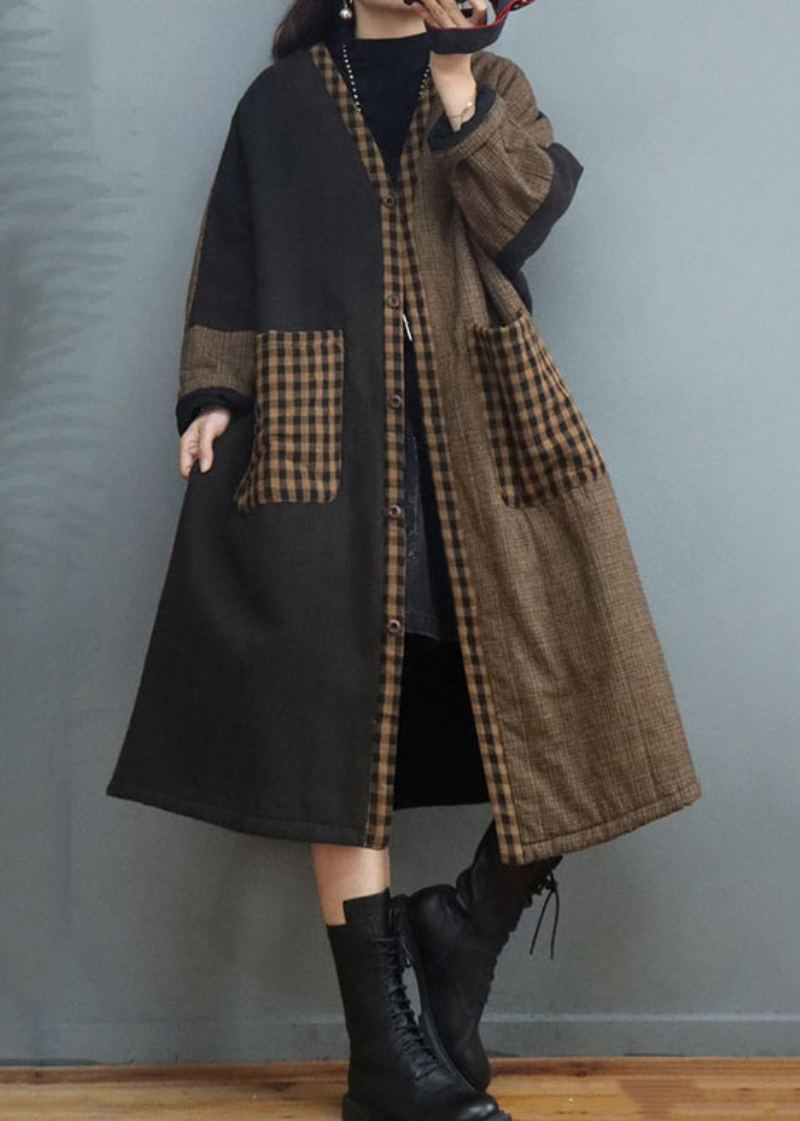 Vintage Café Plaid Poches Patchwork Épais Long Manteau Automne - Doudounes femmes