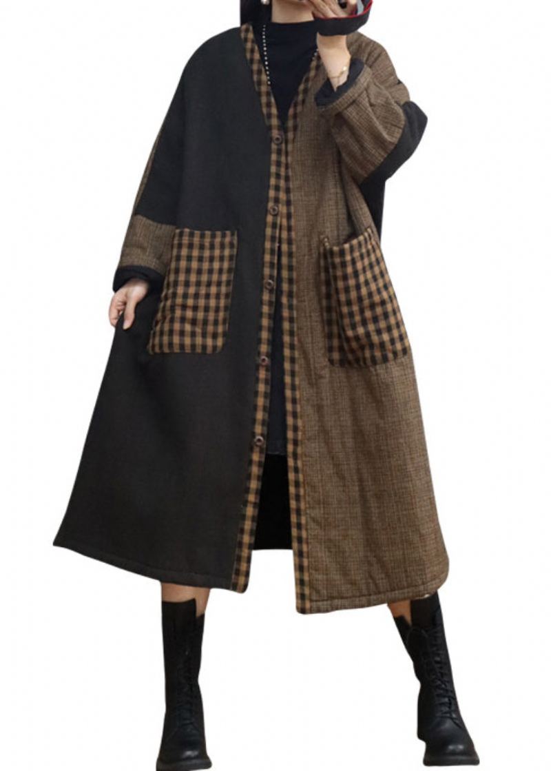 Vintage Café Plaid Poches Patchwork Épais Long Manteau Automne - Doudounes femmes