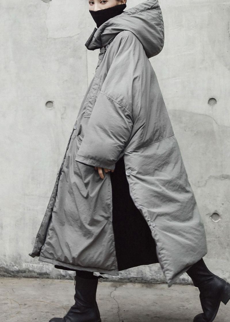 Vintage Gris À Capuche Poches Latérales Ouvertes Manteau D’hiver Épais En Coton - Doudounes femmes